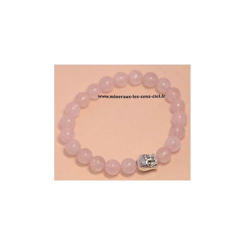 bracelet boules 8mm pierre quartz rose avec bouddha en métal