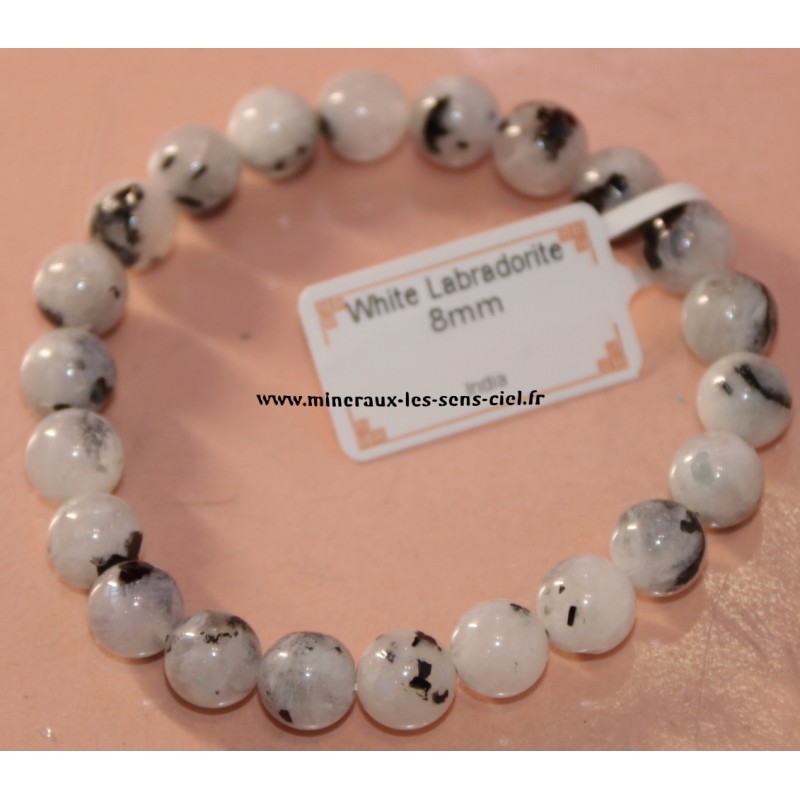 bracelet boules 8mm pierre labradorite blanche et inclusion tourmaline