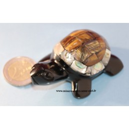 Tortue Obsidienne Noire, Oeil de Tigre et Nacre 85grs